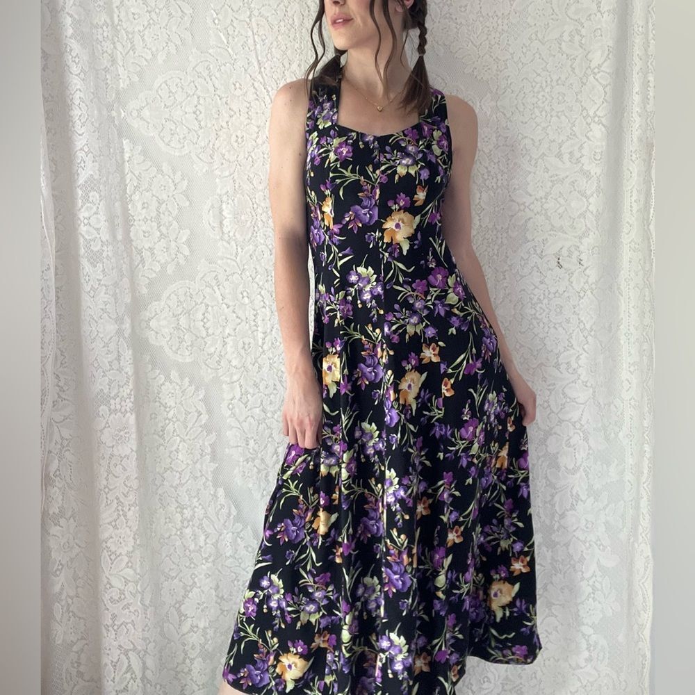 Vintage 80s All That Jazz Black Floral Midi Dress Crisscross Back Size 7/8 - Picture 13 of 16